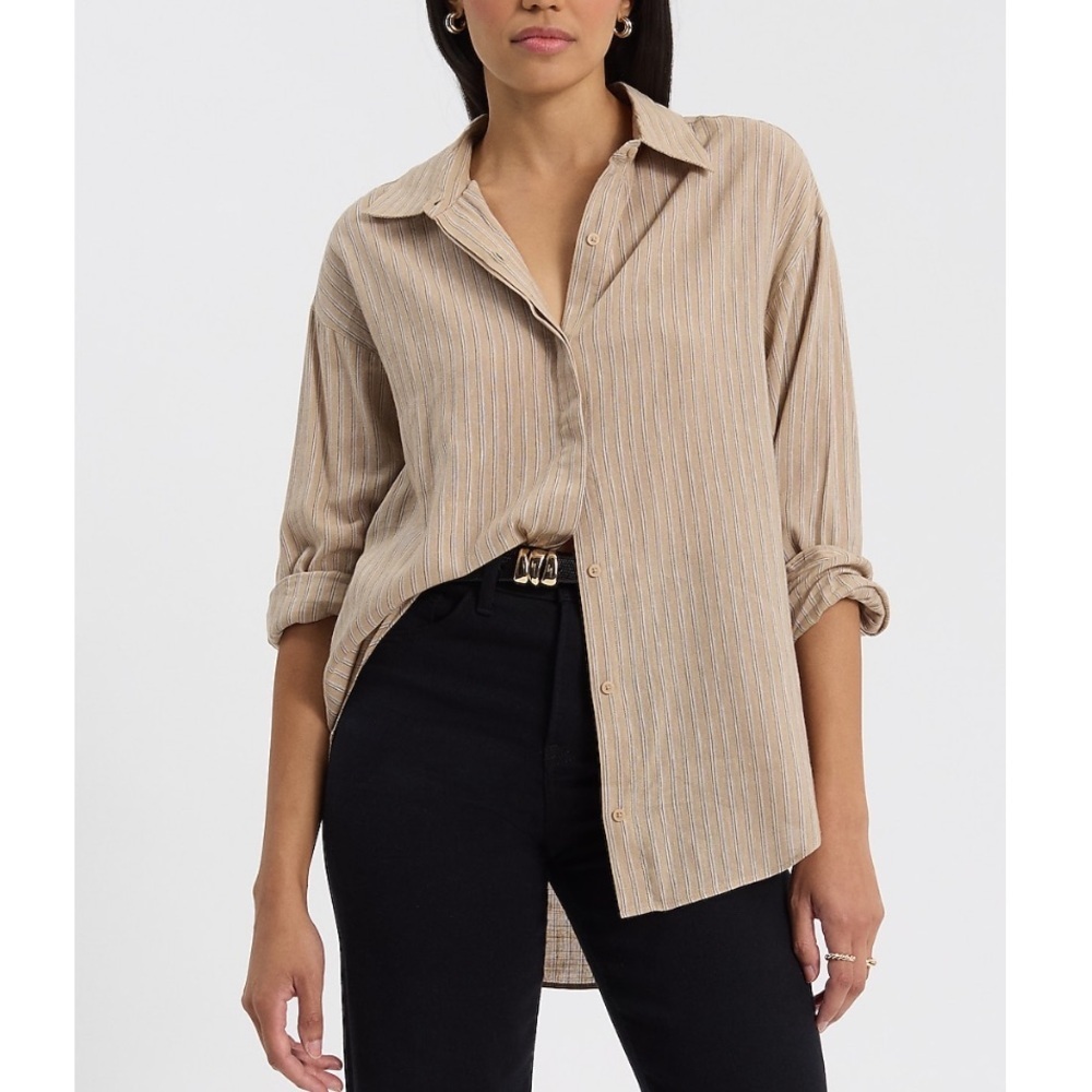 EXPRESS Beige Striped Linen-Blend Boyfriend Portofino Shirt